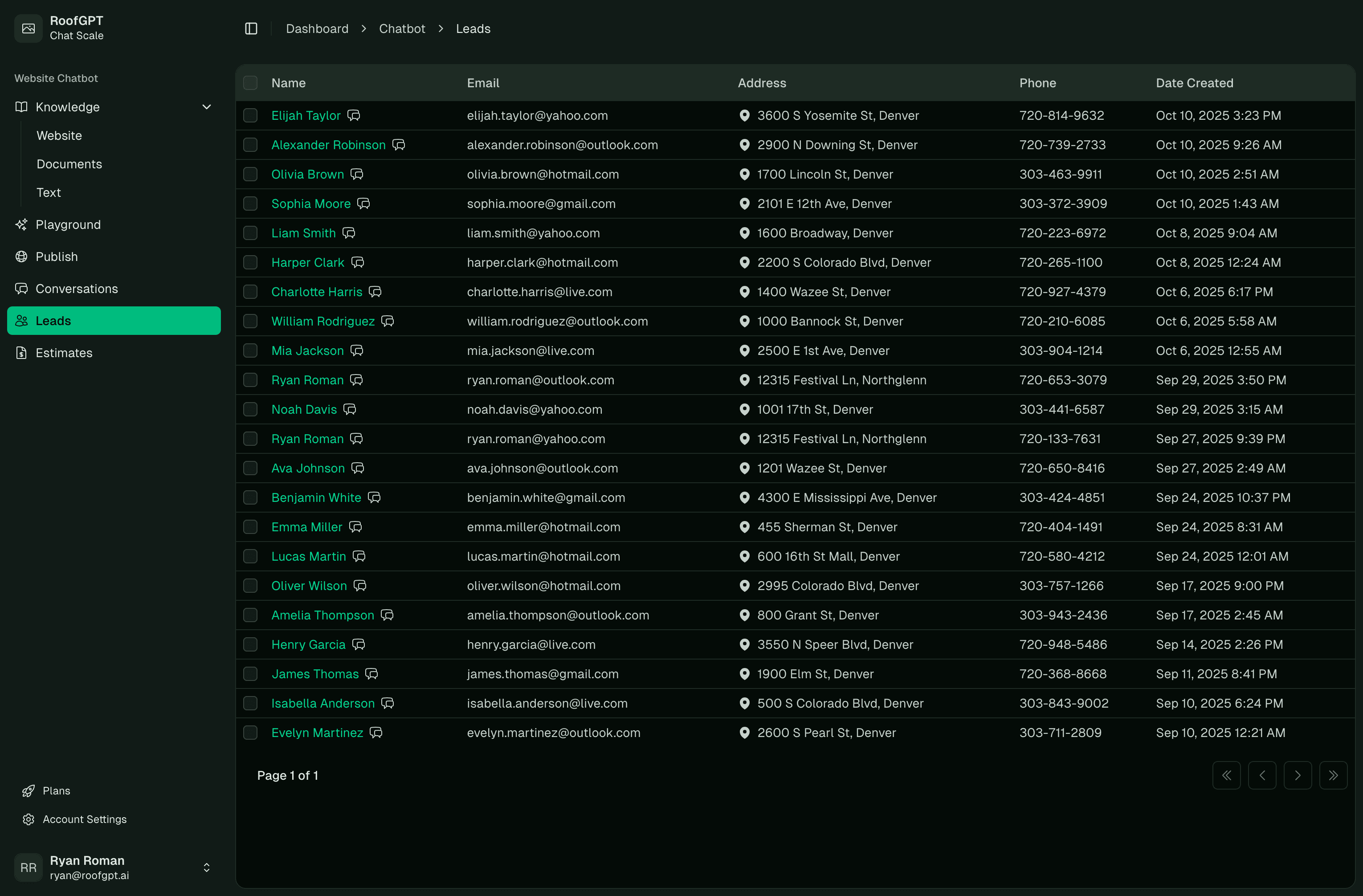 RoofEra leads interface showing leads captured